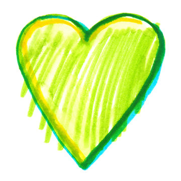 Big simple green heart painted in bright ink on clean white background