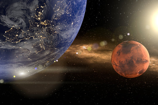 Blutmond oder Mars. Die Erde links oben, ein roter Planet rechts Mitte. Die Sonne rechts oben mit lensflare. Erstellt in 3d. Texturen der NASA