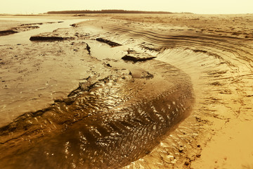 Sun reflected in water, riverbed at Tajpur, West Bengal, India