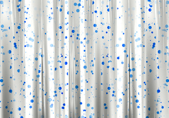 White shower curtain with pattern of blue dots in closeup