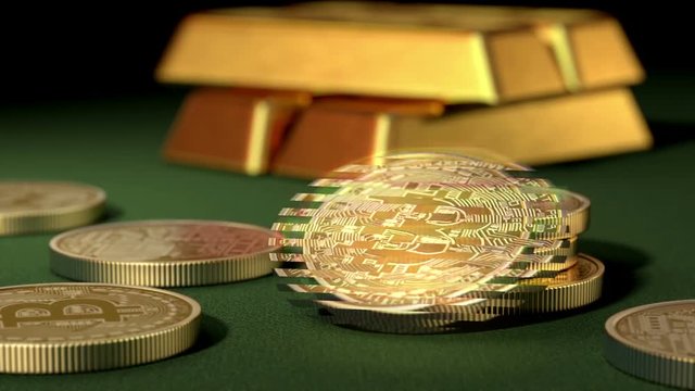 Bitcoin flickers. Unstable Crypto Currency and Gold Ingots on the Background, Beautiful 3d animation with a depth of field, Full HD 1080. see more Bitcoin concepts in my portfolio
