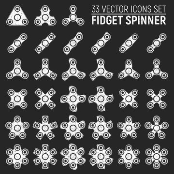 33 Grunge White Vector Icons of Different Fidget Spinners Isolated on Black Background. Trendy Toy For Stress Relief and Improvement of Attention Span. Antistress Widget Graphical Illustration