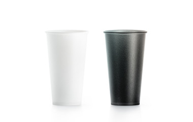 Blank big black and white disposable paper cup mock up isolated, 3d rendering. Empty polystyrene coffee drinking mug mockup front view. Clear tea take away plastic package, cofe branding template.