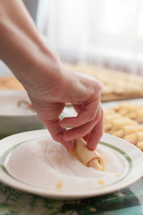 Process of cooking small croissants with cerry for breakfast. Preparation of baking. Breaded with sugar