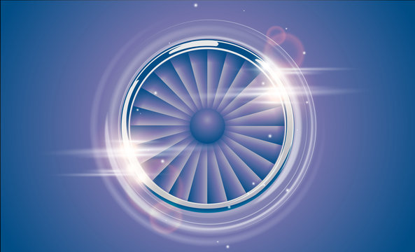Jet Engine Turbine chrome ring in retro violet blue color style with lens flare light effect. Detailed Airplane Motor Front View. Vector aircraft turbo Fan of plane, machinery power icon symbol