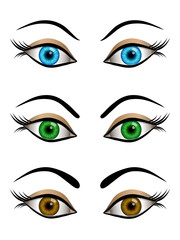 Set of cartoon female eyes blue, brown and green colors