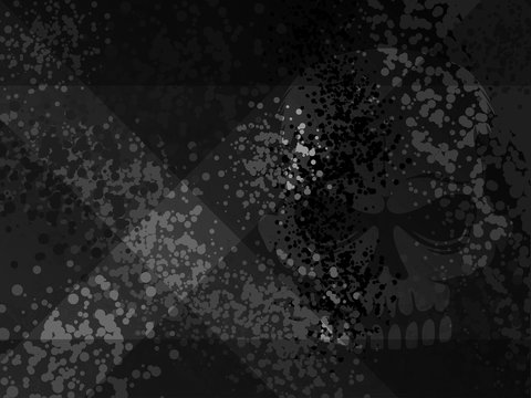 Dark death danger x cross gloomy scull shadow. Grunge cartoon spotted halftones black modern background. Distress damaged skull overlay dirty dots paint spray texture effect