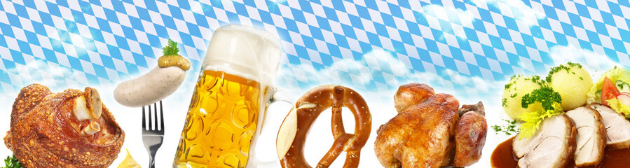 Oktoberfest Banner mit Bierkrug, Essen und Trinken und Bayern Fahne