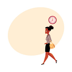 Young black, African American businesswoman going to work in the morning, clock showing time, cartoon vector illustration with space for text. Black businesswoman going to work in the morning
