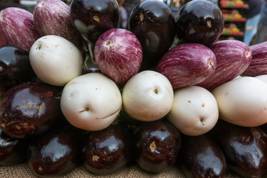 Stacked eggplants on the marketplace