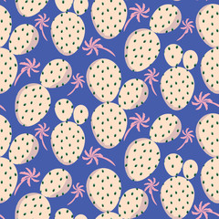 Cactuses pink vector seamless blue pattern. Abstract desert nature textile print. Cacti ornament for wallpaper and textile apparel.