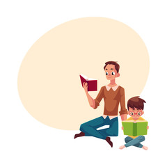 Young man and little boy reading books sitting legs crossed on the floor, cartoon vector illustration with space for text. Man and boy, father and son reading thick interesting books, sitting