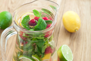 detox water with raspberries, lime, mint for weightloss