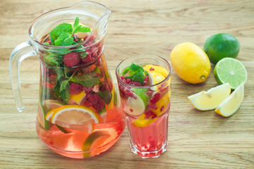 detox water with raspberries, lime, mint for weightloss closeup