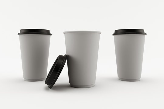 3D render of three paper cups in grey with black caps isolated on white background