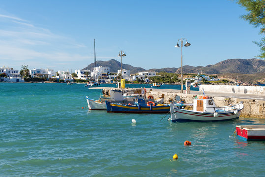 Fishing boats anchoring in Pollonia port on Milos Island. Greece.