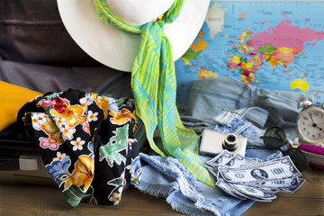 Holiday suitcase and summer accessories. Travel concept 