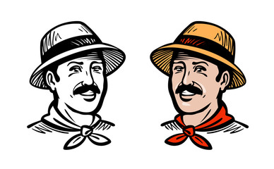 Portrait of happy farmer or gardener, logo. Farm, farming, gardening, horticulture, agriculture label. Sketch vector illustration