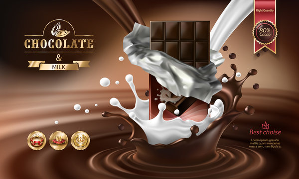 Vector 3D realistic illustration, splashes of melted chocolate and milk with falling chocolate bar. Excellent advertising poster for promoting elite dark chocolate