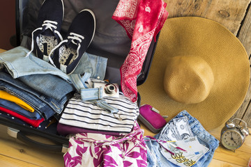 Holiday suitcase and summer accessories. Travel concept 