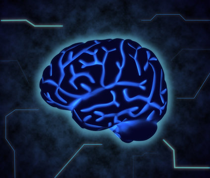 The human brain in blue shades with Hud elements. 3d render.
