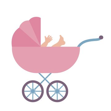 Baby stroller with baby. Colored vector illustration on white
