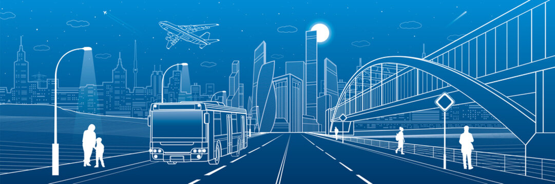 Pedestrian arch bridge. Bus rides on highway. City infrastructure, modern town in background, industrial architecture. People walking. Airplane fly. White lines, night scene, vector design art 
