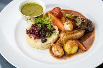 Steamed vegetables with mashed potatoes and sauce