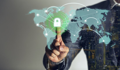 double exprosure, businessman is touching scan identity to open hologram and unlock data online global to link viral information, cybersecurity technology background.