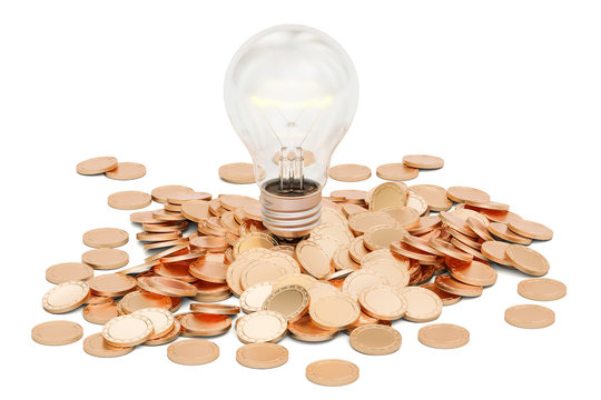 Lightbulb with heap of golden coins, 3D rendering