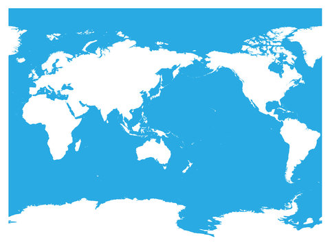 Australia And Pacific Ocean Centered World Map. High Detail White Silhouette On Blue Background. Vector Illustration.