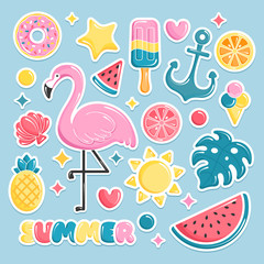 Summer beach elements stickers. Flamingo, ice cream, watermelon, shell, monstera, pineapple. Vector illustration