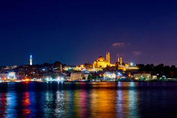 Fototapeta na wymiar Istanbul. Turkey travel background. The Suleymaniye Mosque. Night view