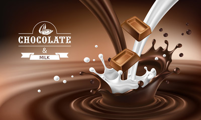 Vector 3D realistic illustration, splashes of melted chocolate and milk with falling pieces of chocolate bars. Milk chocolate packaging design, template, advertising poster