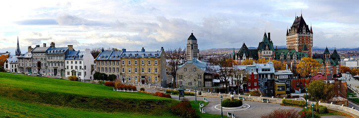Panoramic view of Frontenac Castle in Old Quebec City, Canada