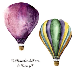 Glasschilderij Aquarel luchtballonnen Aquarel luchtballon set. Handbeschilderde vintage luchtballonnen met. Illustraties geïsoleerd op een witte achtergrond.
