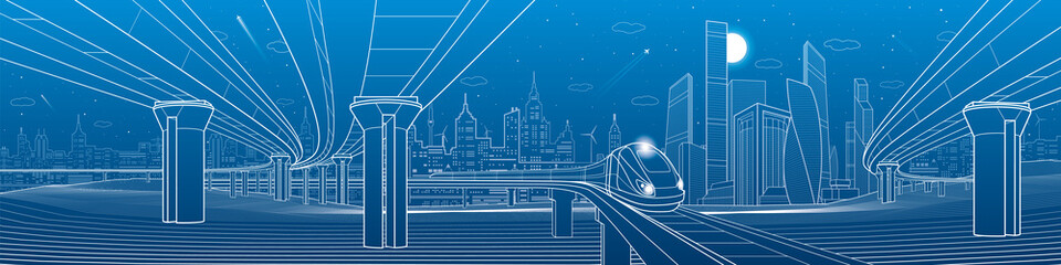 Infrastructure panorama. Road overpass. Transportation bridge. Train rides. Towers and skyscrapers. Urban scene, modern city on background, industrial architecture. White lines, vector design art 