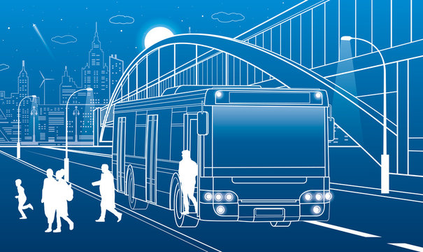 Pedestrian arch bridge. People get off the bus. City infrastructure, modern town in background. People walking. White lines, night scene, vector design art 