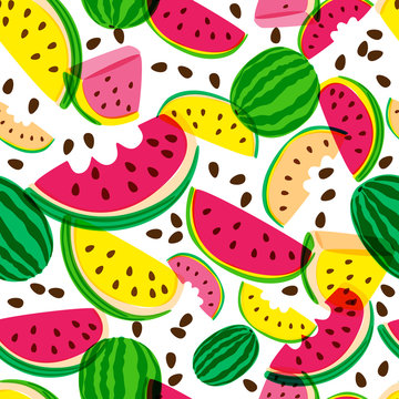 Vector seamless pattern with fresh red and yellow watermelon isolated on white background. Hand drawn doodle illustration. Trendy design for summer fashion textile prints and backgrounds.