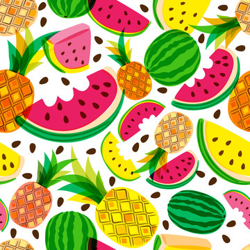 Vector seamless pattern with fresh red and yellow watermelon and pineapples isolated on white background. Hand drawn doodle illustration. Trendy design for summer fashion textile prints, backgrounds.
