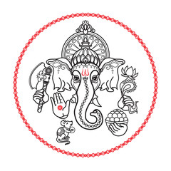 Hindu God Ganesha. Hand drawn tribal style. Vector.
