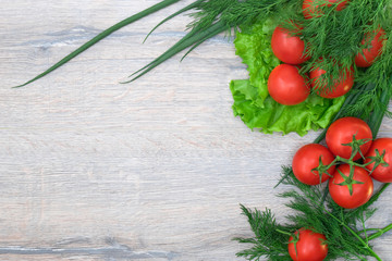 tomato, onion, dill vegetarian organic meal on table, top view