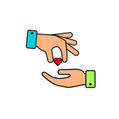 Hand gives heart to other person color icon in flat style. Vector love or donate illustration