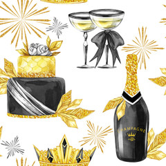 Watercolor seamless pattern in retro gold style. Jewellery diadem, golden leaves, bottle of Champagne, wineglass, big cake. Vintage New Year illustration. Good for anniversary and holidays design.