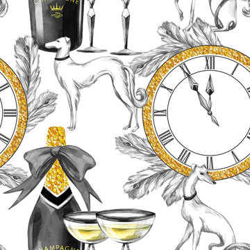 Watercolor seamless pattern in retro gold style. Jewellery clock, fir branches, bottle of Champagne, wineglass, Greyhound dogs. Vintage New Year illustration. Good for anniversary and holidays design.