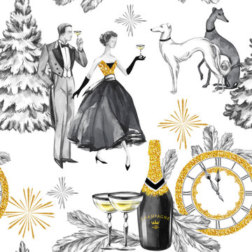 Watercolor seamless pattern in retro gold style. Beautiful couple, bottle of Champagne, glasses, Greyhound dogs, jewellery clock and celebrate accessories. Vintage New Year illustration.