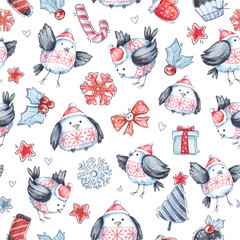 Watercolor seamless greeting pattern with cute flying birds. New Year. Celebration illustration. Merry Christmas.
