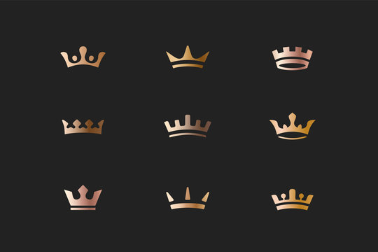 Set of royal gold crowns, icons and logos. Isolated luxury logo for branding, label, hotel, graphic design. Collection logos of crowns for royal persons, king, queen, princess. Vector Illustration