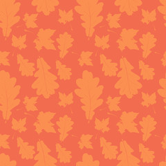Obraz premium Orange floral seamless pattern with maple and oak leaves. Autumn background with grunge foliage, petals for wrapping paper. Vector illustration.