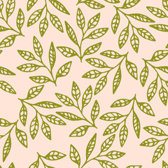 Floral seamless pattern with hand drawn green branches and leaves on pink background. Vector illustration.
